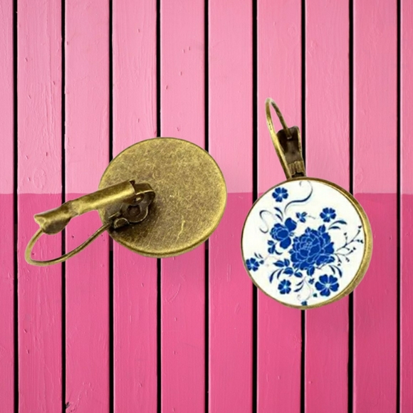 Floral Leverback Glass Cabochon Earrings - Picture 1 of 4